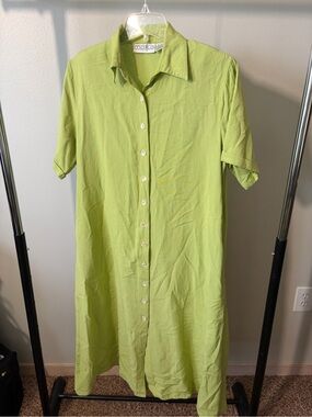 Vintage Moka Lime Green Button-Front Linen Blend Dress